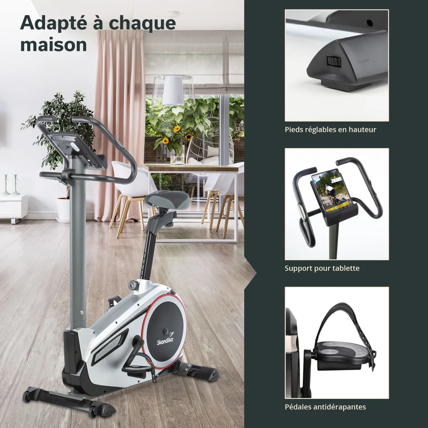 Heimtrainer in einem modernen Raum, mit großen Fenstern und einer grünen Pflanze. Elemente wie ein Tablet-Halter und rutschfeste Pedale sind gut sichtbar.