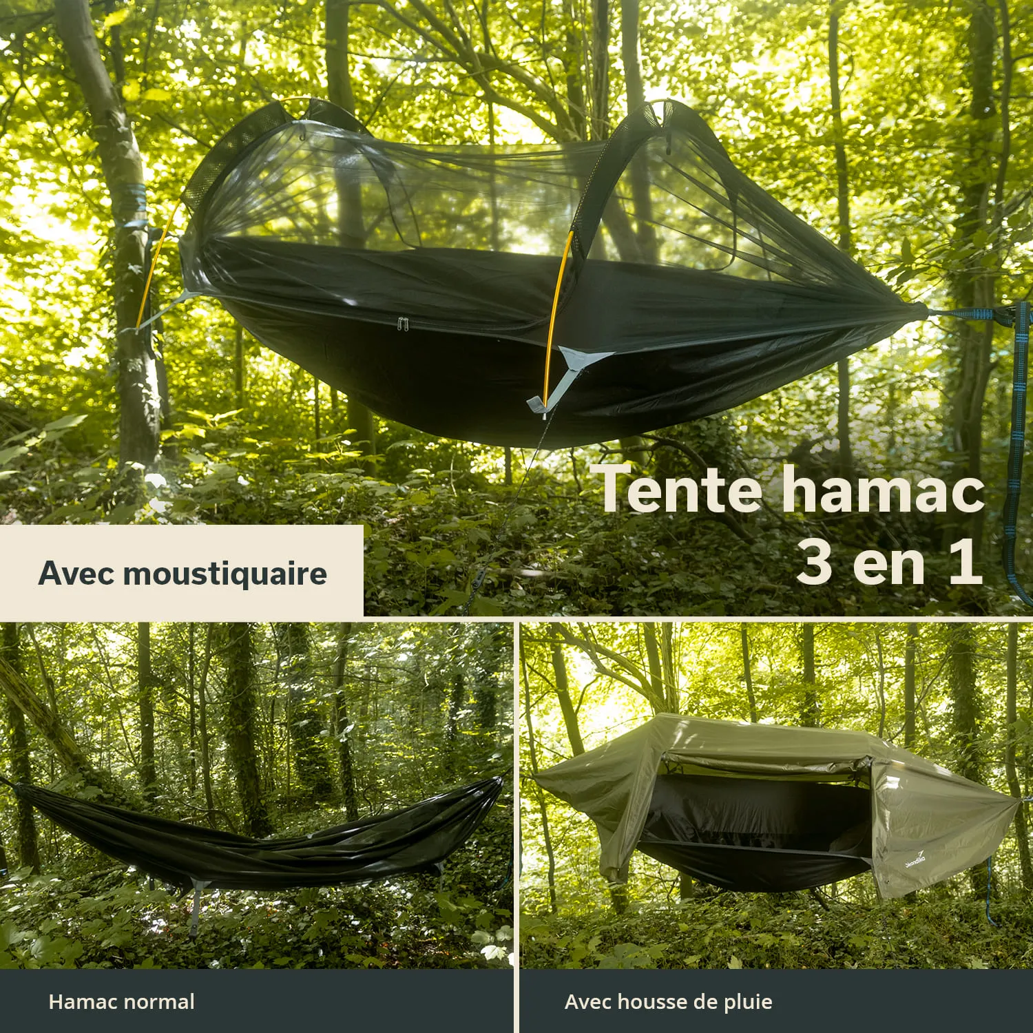 Hängematte mit Moskitonetz in einem Wald, daneben zwei weitere Varianten: eine einfache Hängematte und eine mit Regenabdeckung.