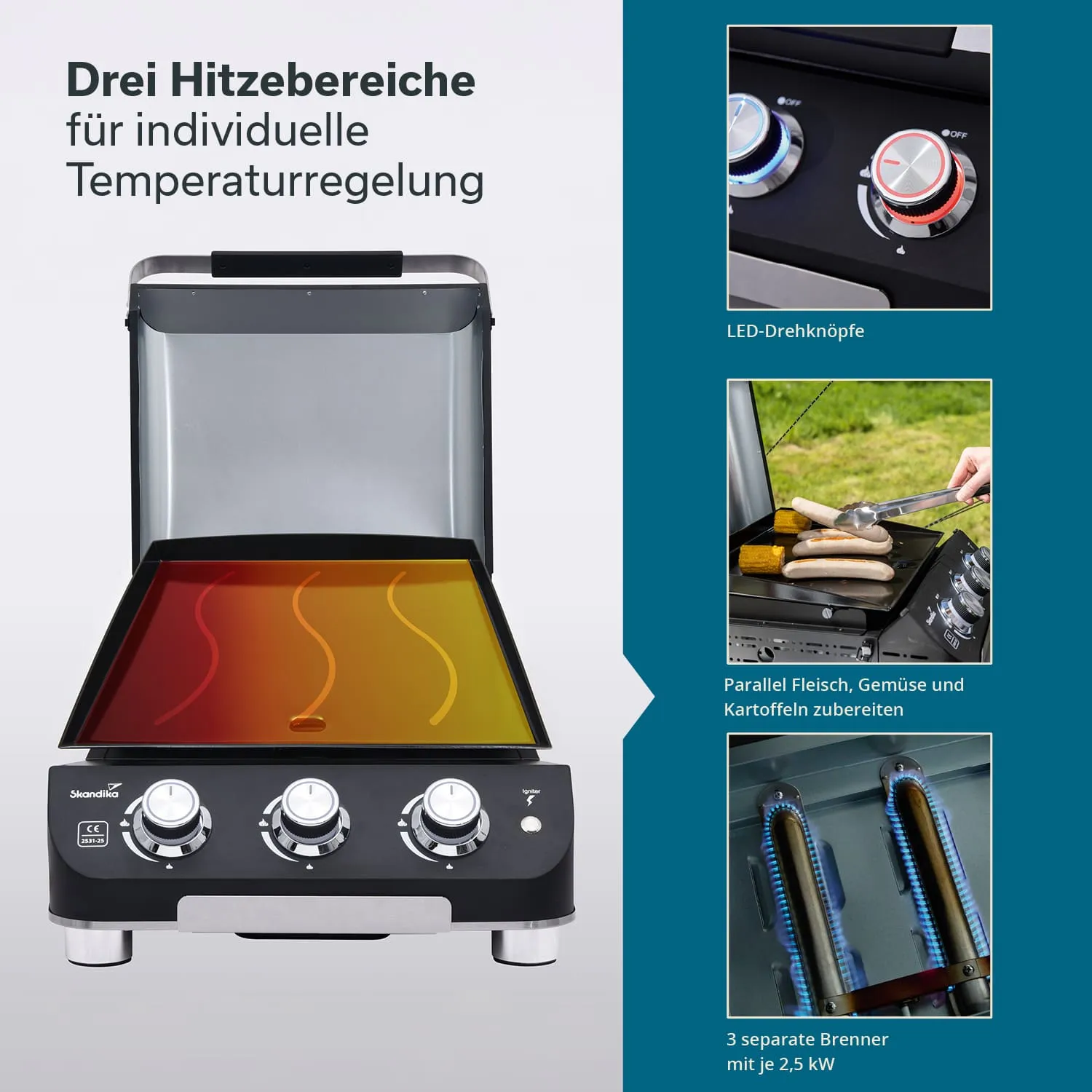 Grillgerät mit drei Brennern, LED-Drehknöpfen und großflächiger Grillplatte in rot-orange. Seiteninformation zu Nutzung.