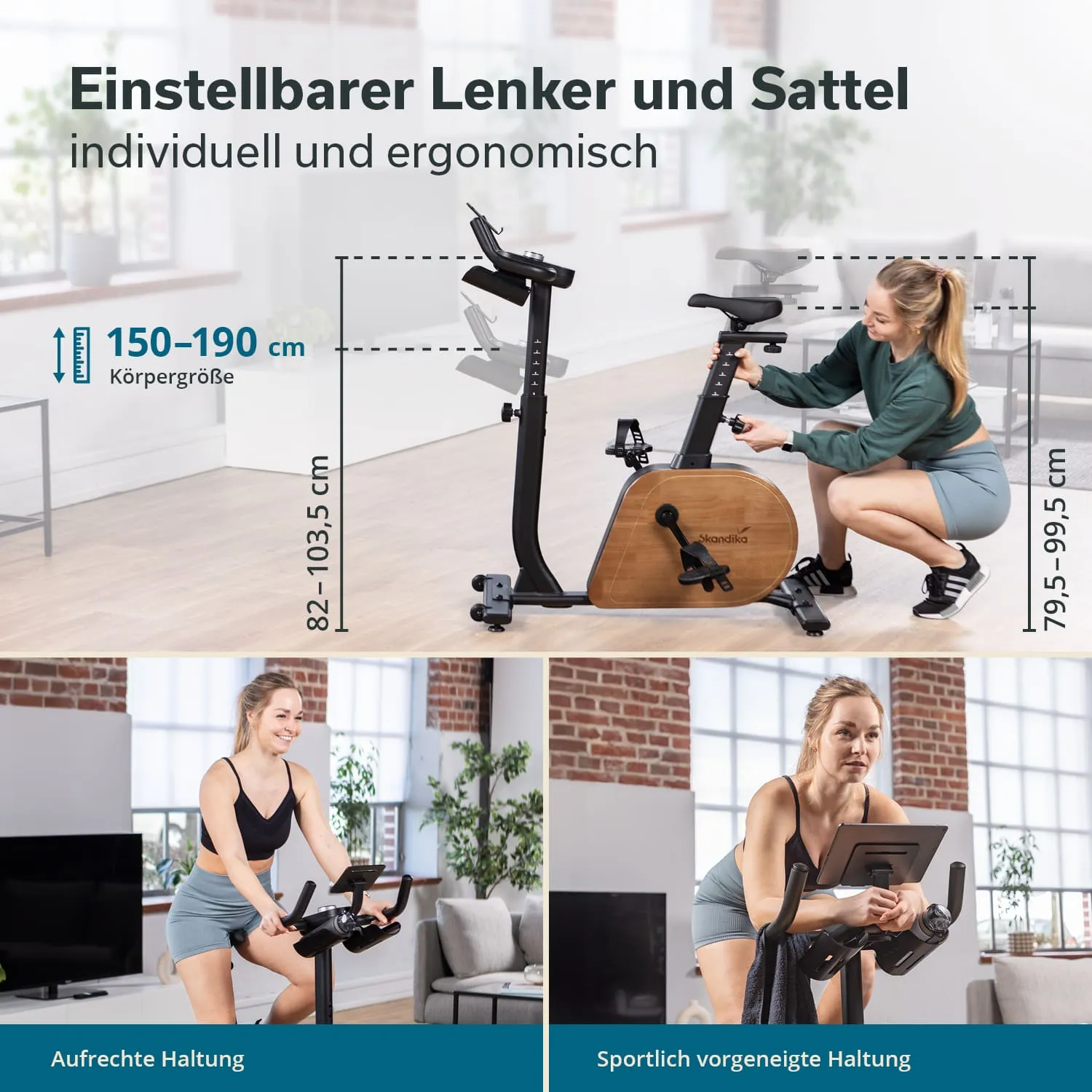 Einstellbares Fitnessbike mit wenigen sichtbaren Änderungen, inkl. Person, die den Sattel justiert, in einem modernen Raum.