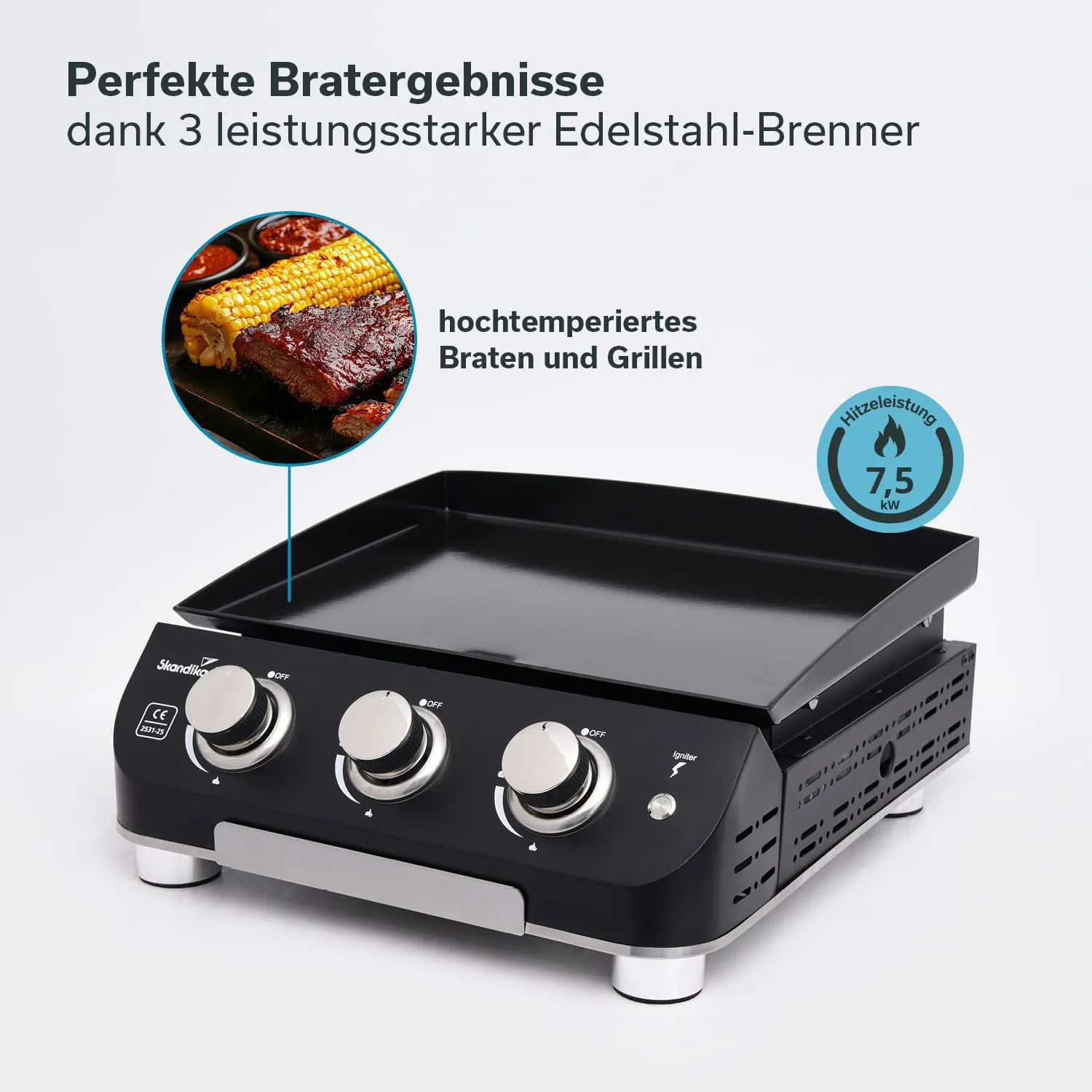 Grillplatte mit drei Drehknöpfen und Edelstahloberfläche. Im Hintergrund gegrilltes Fleisch und Mais. Heizleistung 7,5 kW.
