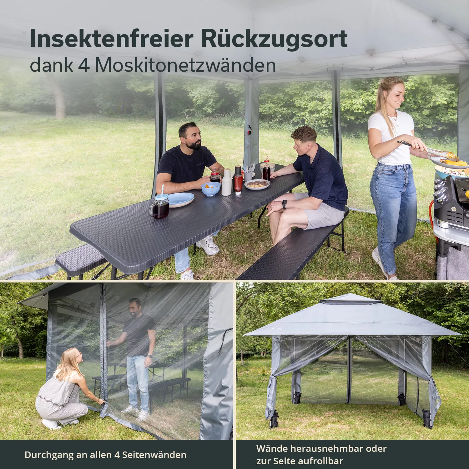 Ein überdachter Tisch mit zwei Personen, die Essen genießen. Eine dritte Person grillt. Moskitonetzwände umgeben den Bereich.
