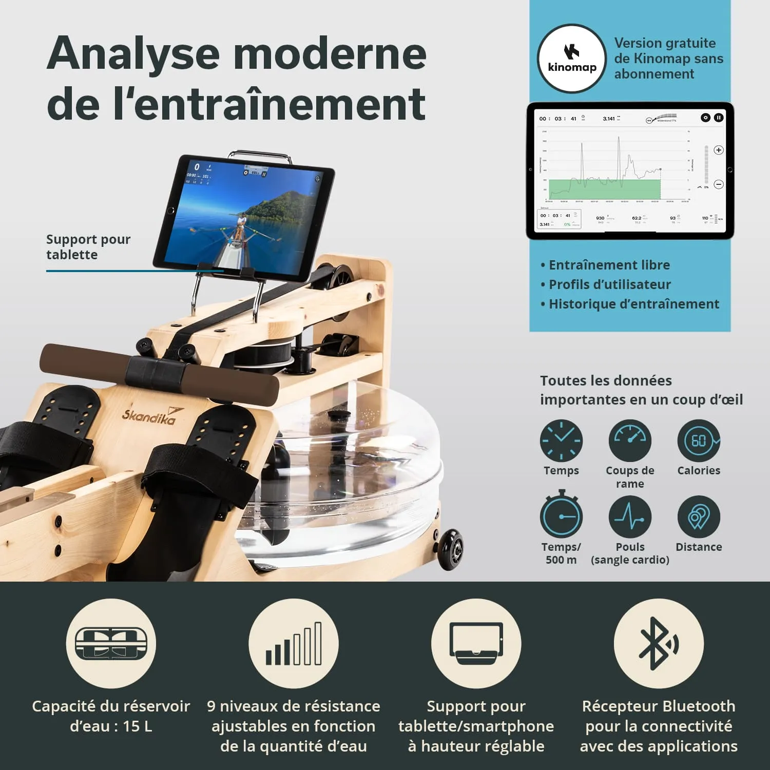 Holz-Rudergerät mit einem großen, transparenten Wasserbehälter, Tablet-Halterung und verschiedenen Anzeigeelementen für Training.