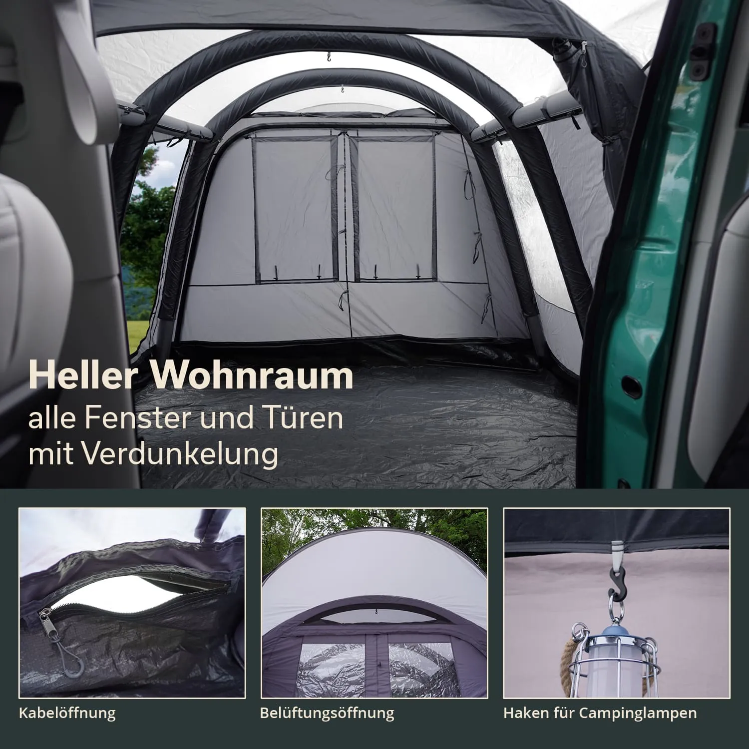 Geräumiges Zeltinnere mit weißen und grauen Wänden. Fenster und Türen mit Verdunkelungsmöglichkeiten. Zubehördetails unten.