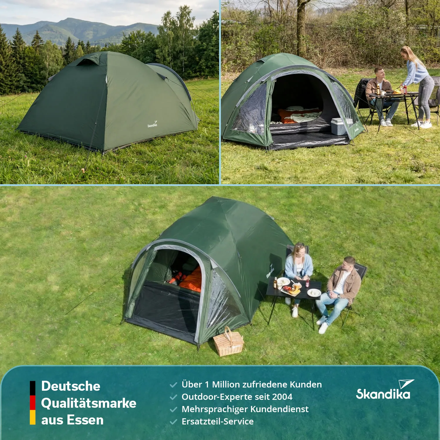 Zelt in grüner Farbe auf einer Wiese, daneben zwei Personen an einem Tisch mit Speisen und Getränken.