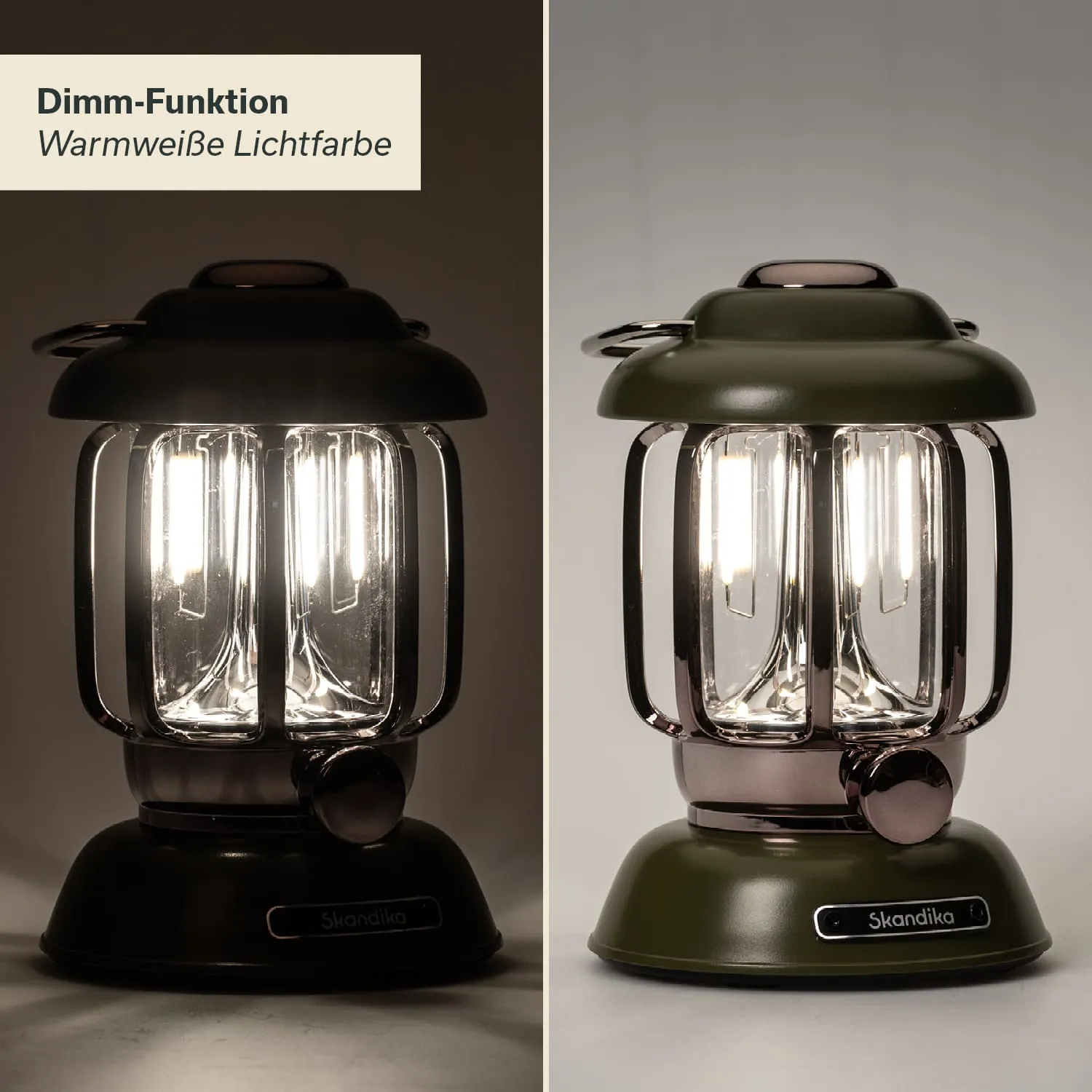 Tischlampe in zwei Farben: eine schwarz, die andere olivgrün. Beide zeigen warmweiße Lichtfarbe und Dimmfunktion.