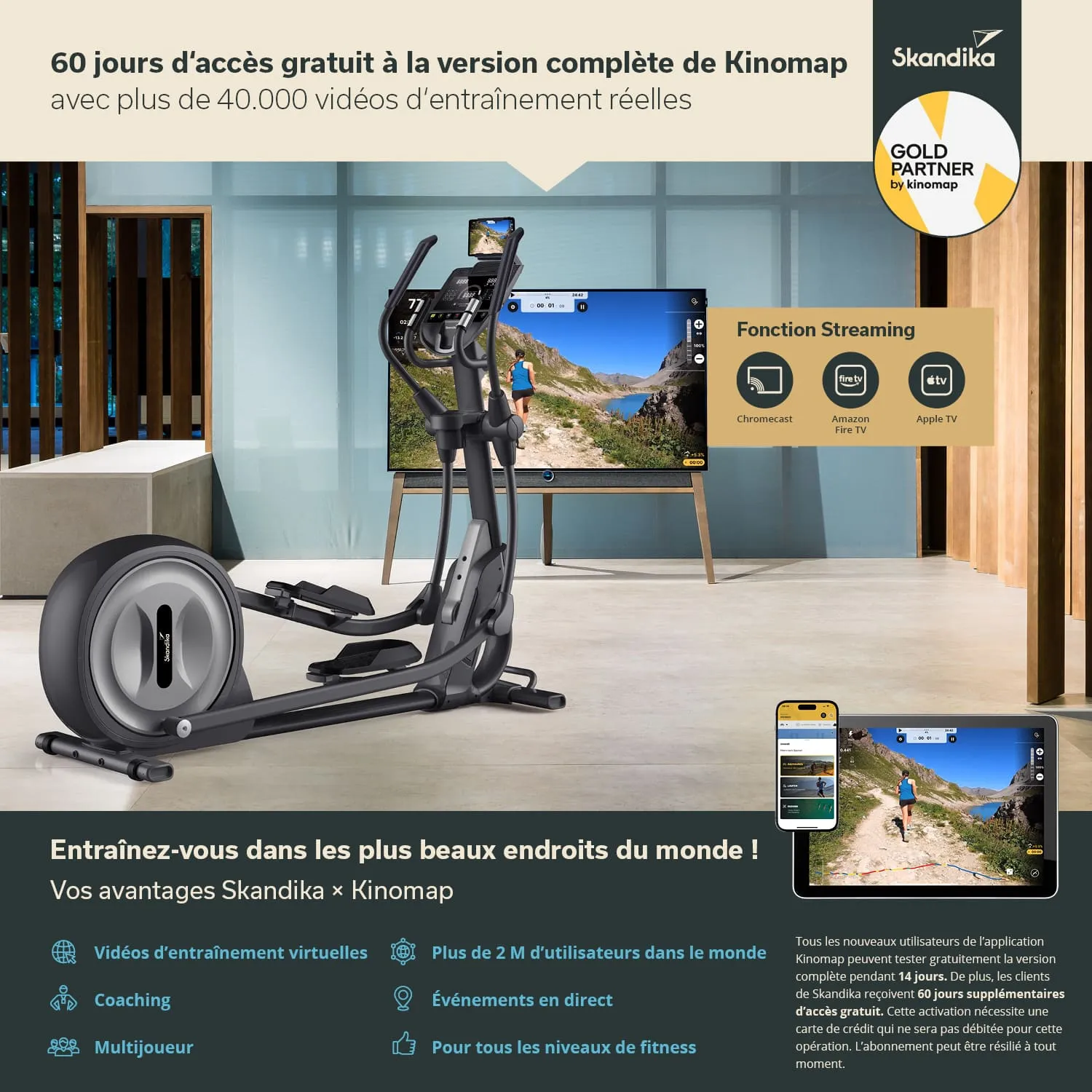 Ein elegantes Heimtrainer-Gerät steht vor einem Fernseher in einem modernen Raum. Auf dem Fernseher sind Landschafts-Trainingsvideos sichtbar. Ein Tablet zeigt zusätzliche Informationen und Funktionen.