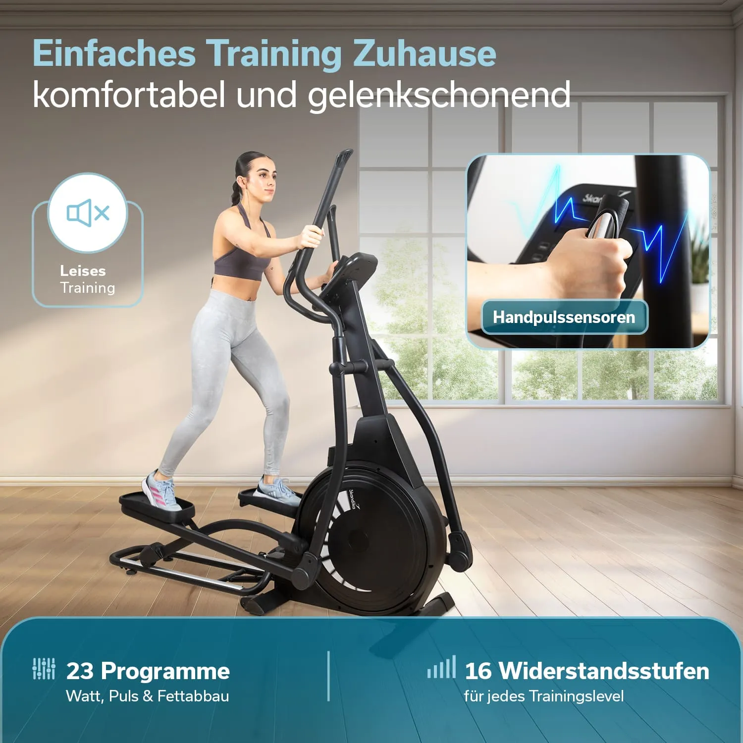 Person trainiert auf einem Ellipsentrainer in einem hellen Raum mit Fenstern. Grafiken zeigen Programme und Funktionen.