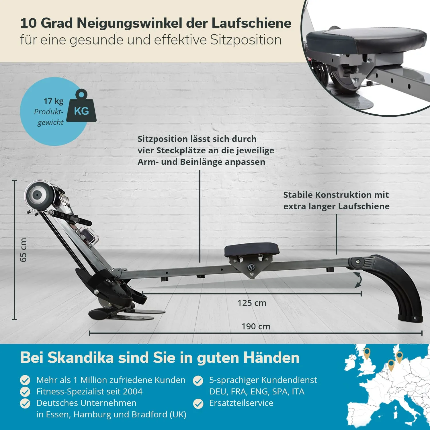 Fitnessgerät mit verstellbarem Sitz, stabiler Konstruktion und langen Schienen. Produktgewicht 17 kg, Maße 190 cm x 65 cm.