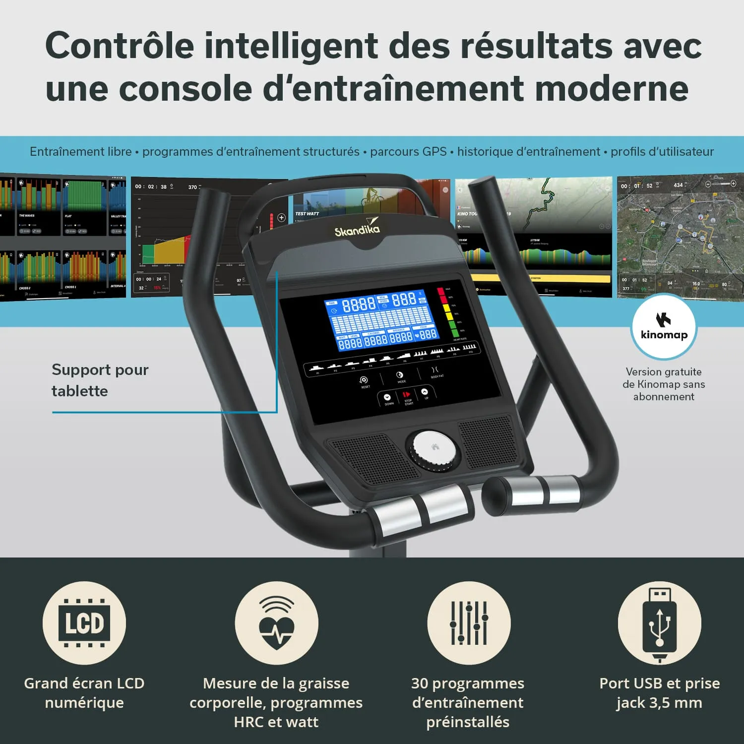 Moderne Trainingskonsole mit LCD-Display, Steuerungselementen und Tablet-Halterung. Informationen zu Trainingsprogrammen und -historie.