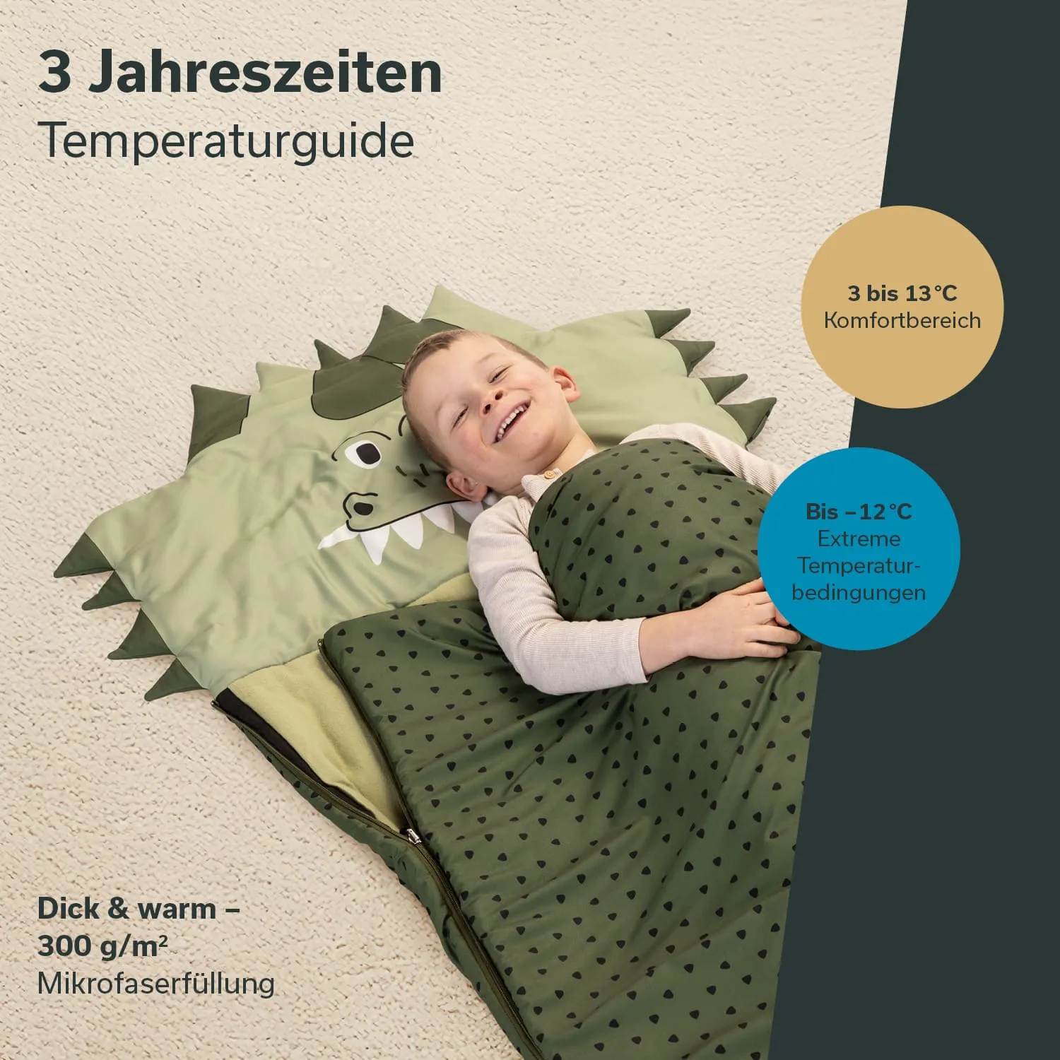 Ein Kind liegt lächelnd in einem Schlafsack mit einer Drachenmuster-Decke. Der Hintergrund ist beige.