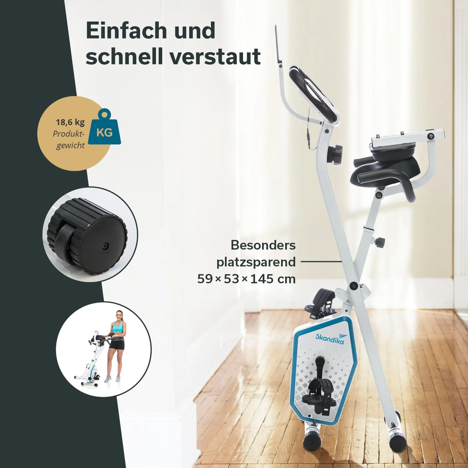 Faltbares Heimtrainer-Gerät in modernem Design, auf einem Holzboden abgebildet. Angaben zu Gewicht und Maßen sind sichtbar.