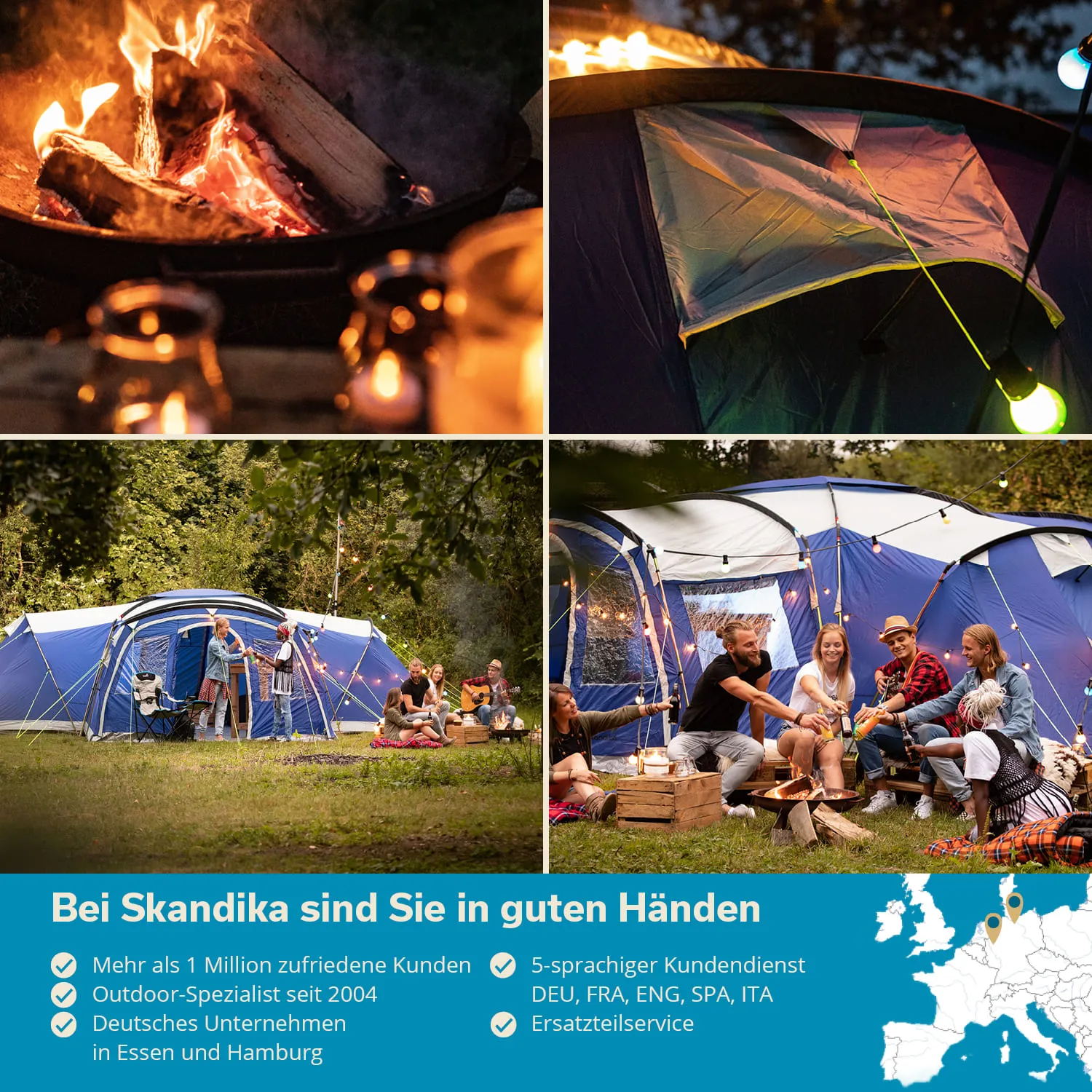 Lagerfeuer mit brennenden Holzstücken, Zelt im Hintergrund, Menschen sitzen zusammen, spielen Gitarre und essen.
