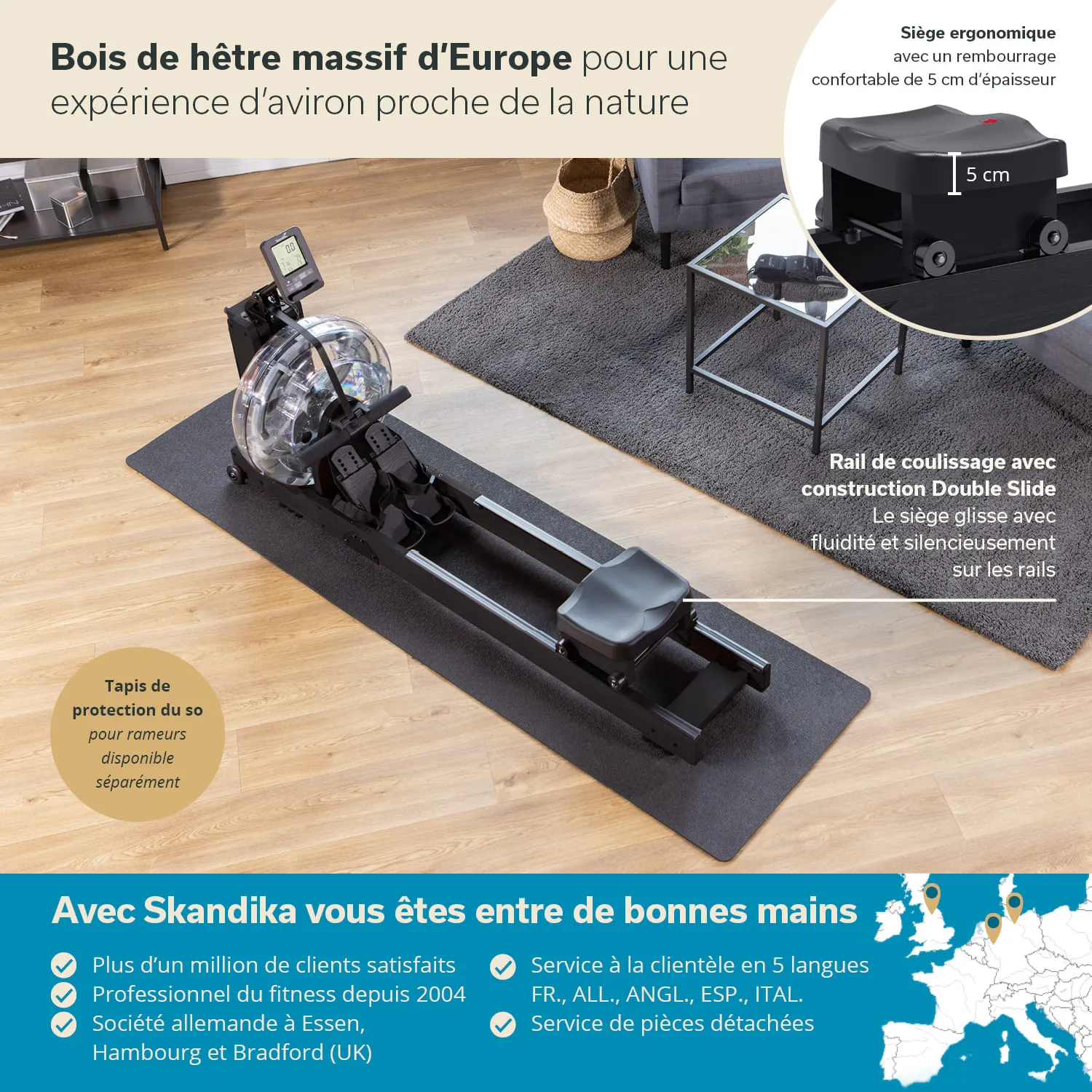 Rudermaschine aus europäischem Holz auf einer Matte, umgeben von einem Teppich und Möbeln im Innenraum.