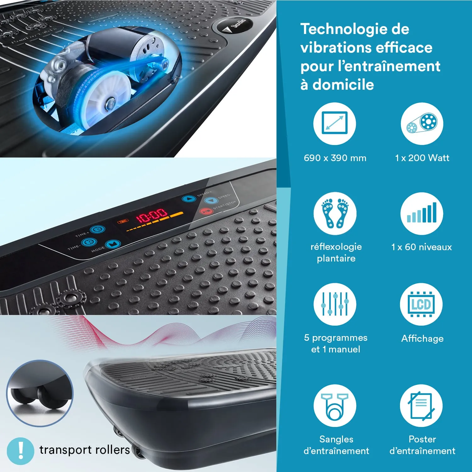 Plattform mit vibrationsgesteuerter Technologie, Steuerungselementen und LCD-Anzeige Beschreibung der Funktionen und Maße.