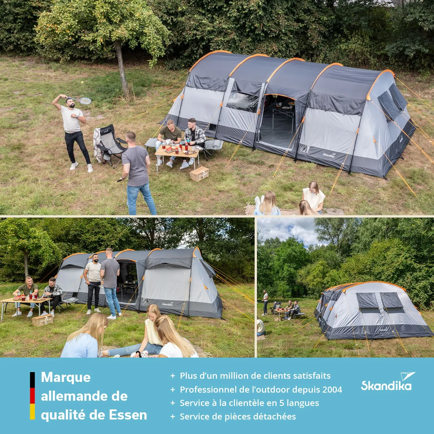 Zelt im Freien mit mehreren Personen, die sich um einen Tisch mit Essen versammeln, umgeben von Bäumen und Rasen.