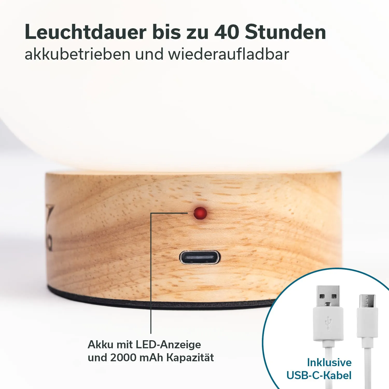 Akku-LED-Lampe mit Holzsockel, USB-C-Anschluss und LED-Anzeige, Leuchtdauer bis zu 40 Stunden.