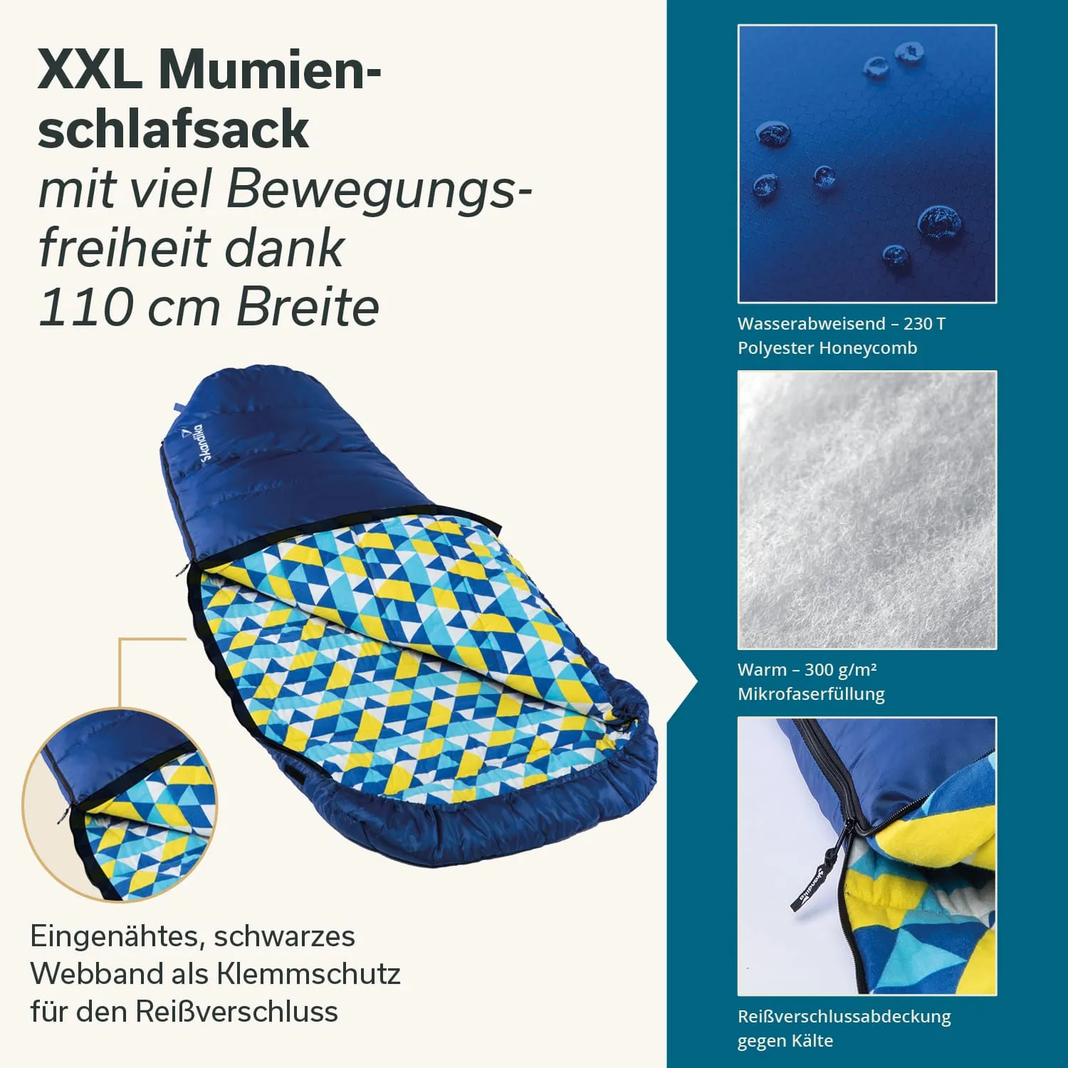 XXL Mumien-Schlafsack in Blau mit buntem geometrischem Innenfutter, Informationen zu Materialien und Funktion.