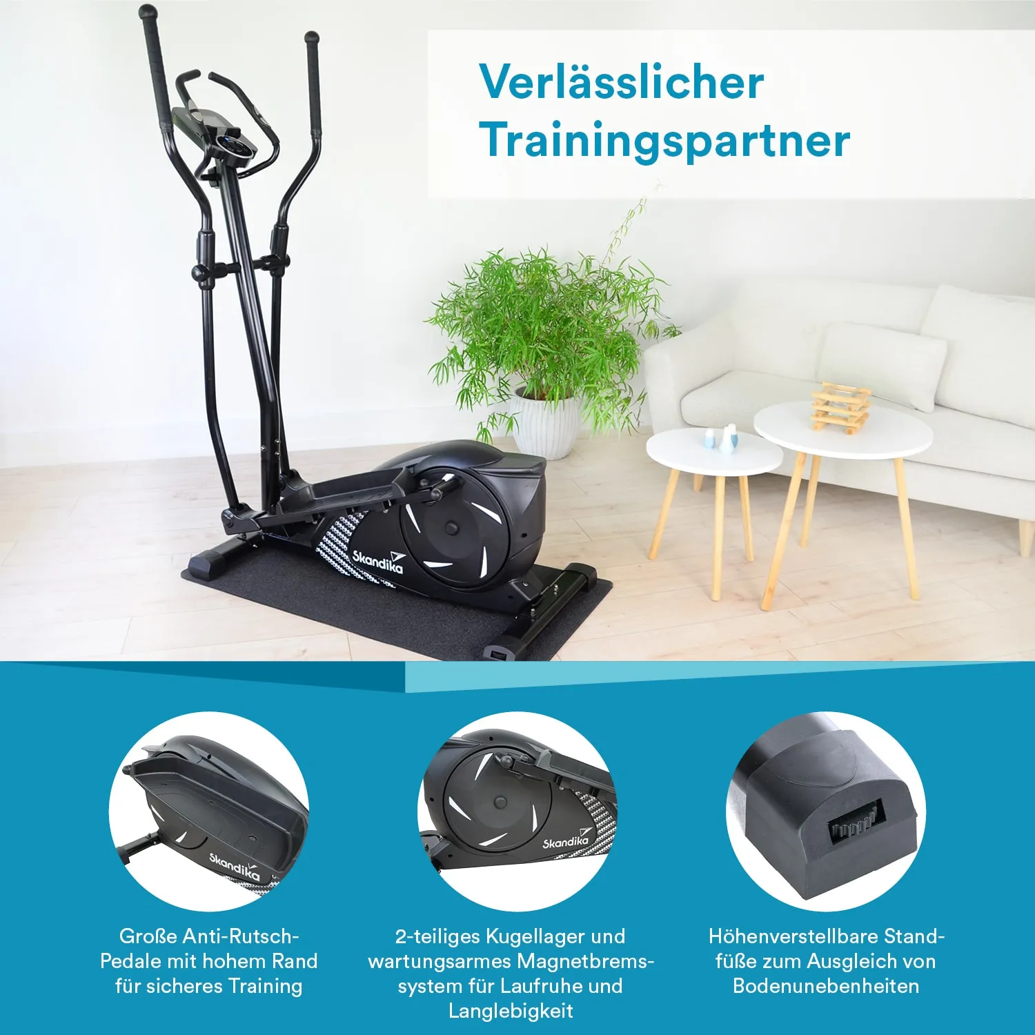 Ellipsentrainer auf einer Matte in einem modernen Raum mit Pflanzen und einem Couchtisch. Weißer Hintergrund.