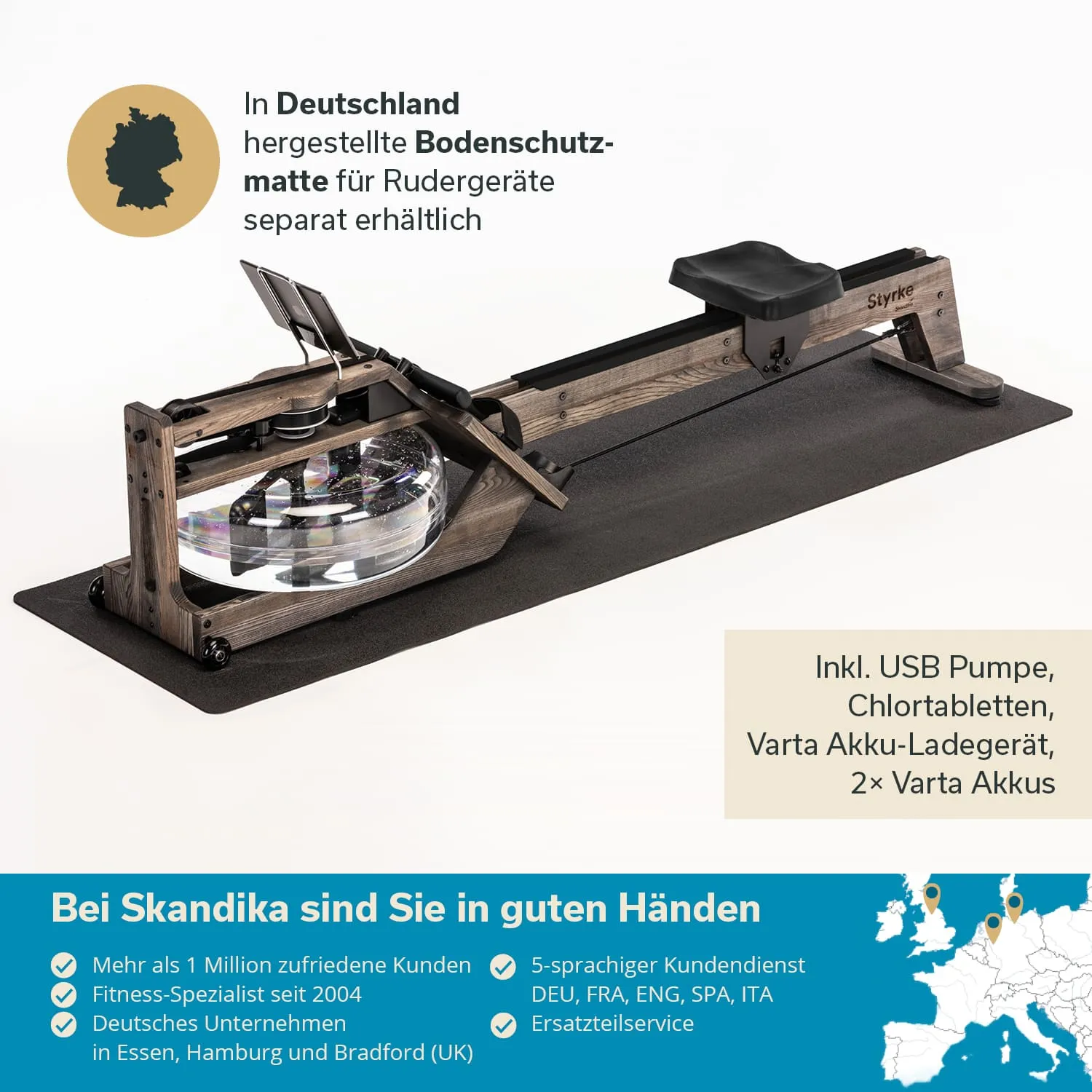 Bild eines Rudergeräts auf einer Bodenschutzmatte. Das Rudergerät hat ein Holzelement und einen transparenten Wassertank.