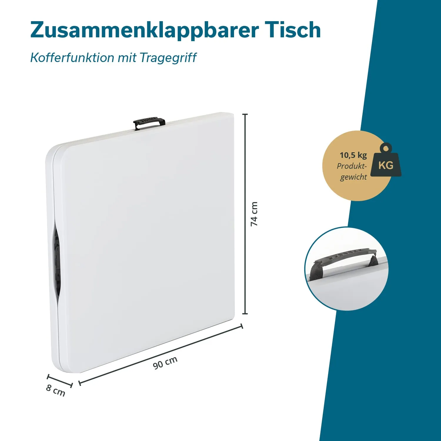 Zusammenklappbarer Tisch in weiß, zusammengeklappt mit Traggriff. Maße: 90 cm x 74 cm x 8 cm, Gewicht 10,5 kg.
