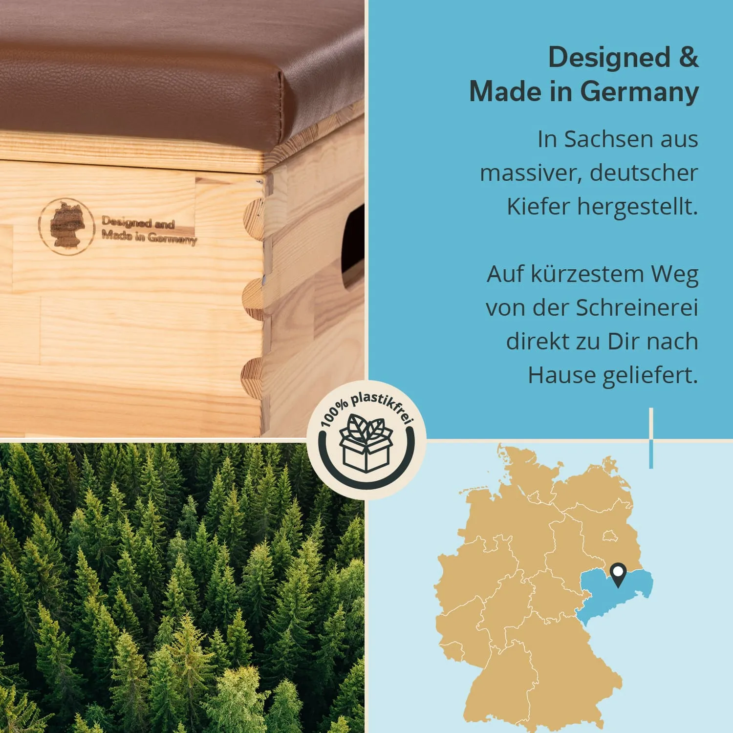 Holzkiste mit brauner Polsterung, Informationstext über die Herstellung in Deutschland, Karte Deutschlands und Waldansicht.