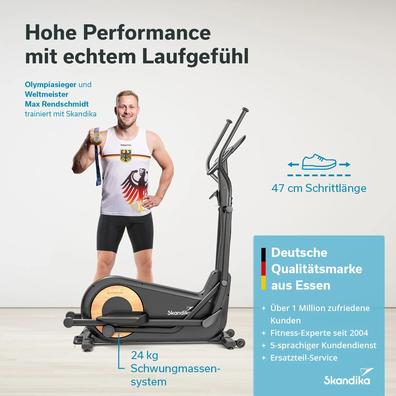Person trägt einen Sportanzug und hält eine Medaille. Neben ihm steht ein Crosstrainer. Textinformationen zu Leistung und Marke.