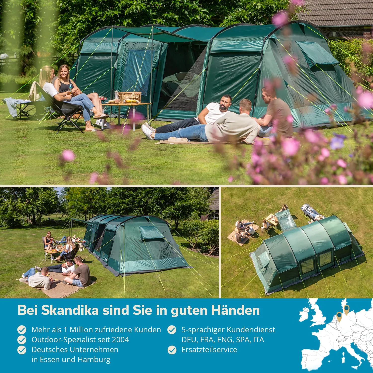 Gruppenszene im Freien mit einem großen grünen Zelt, Stühlen und einer Picknickdecke. Personen sitzen und entspannen sich.