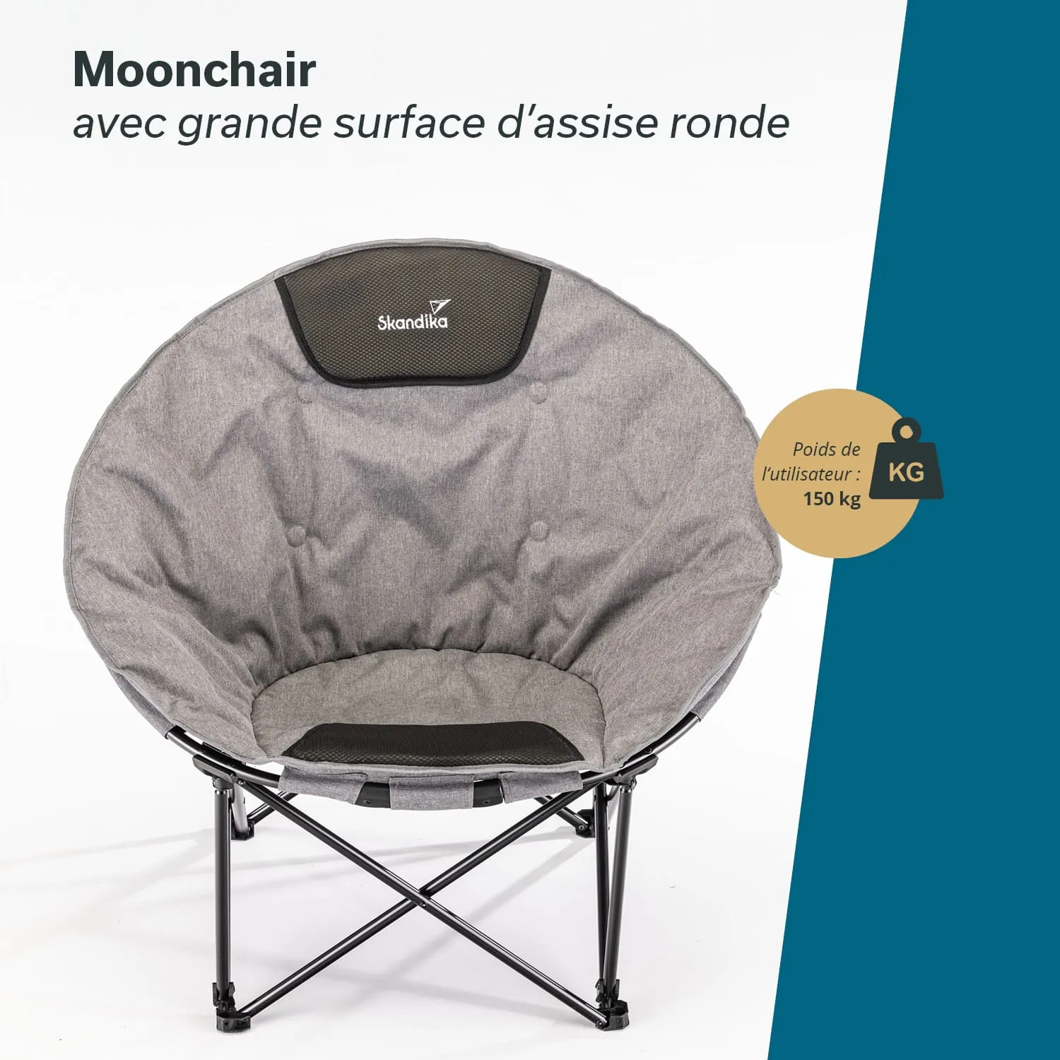 Moonchair mit runder Sitzfläche, grauem Bezug und schwarzem Untergestell. Belastbarkeit bis 150 kg.