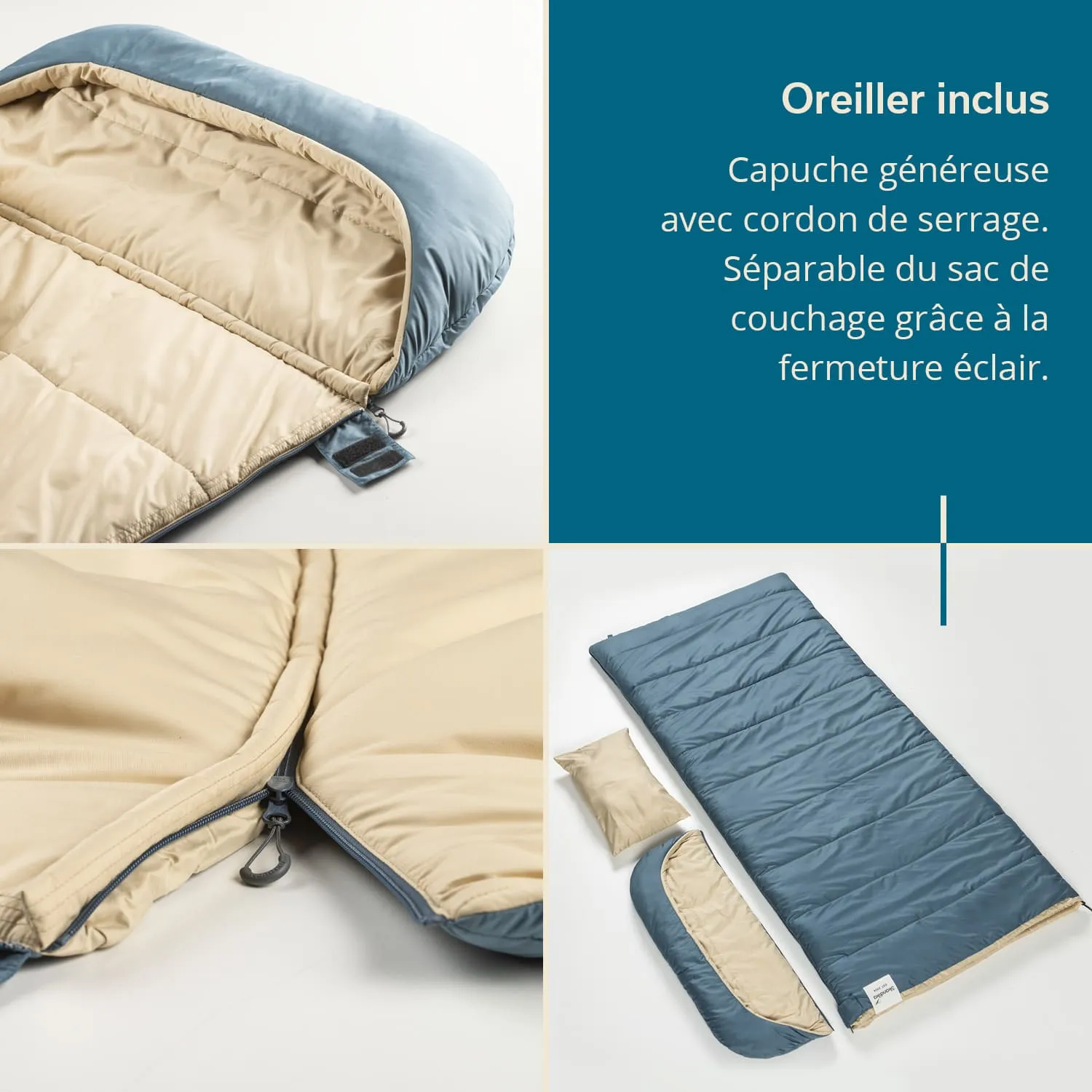 Schlafsack in Blau und Beige mit abnehmbarem Kopfteil und Kissen auf weißem Hintergrund. Teilweise offene Struktur sichtbar.