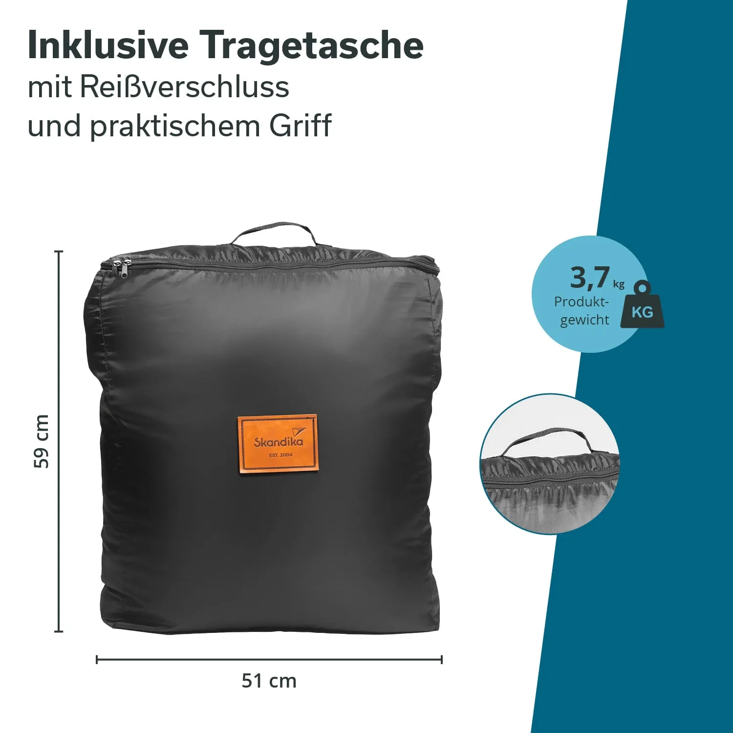 Schwarze Tragetasche mit Reißverschluss und Griff, Maße: 59 cm x 51 cm, Gewicht: 3,7 kg, Logo von „Skandika“.