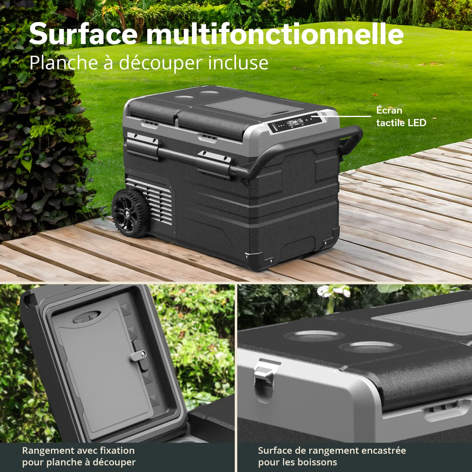 Kühlbox mit Rollen, multifunktionaler Oberfläche und integriertem Touchscreen, in einem Garten auf Holzuntergrund.