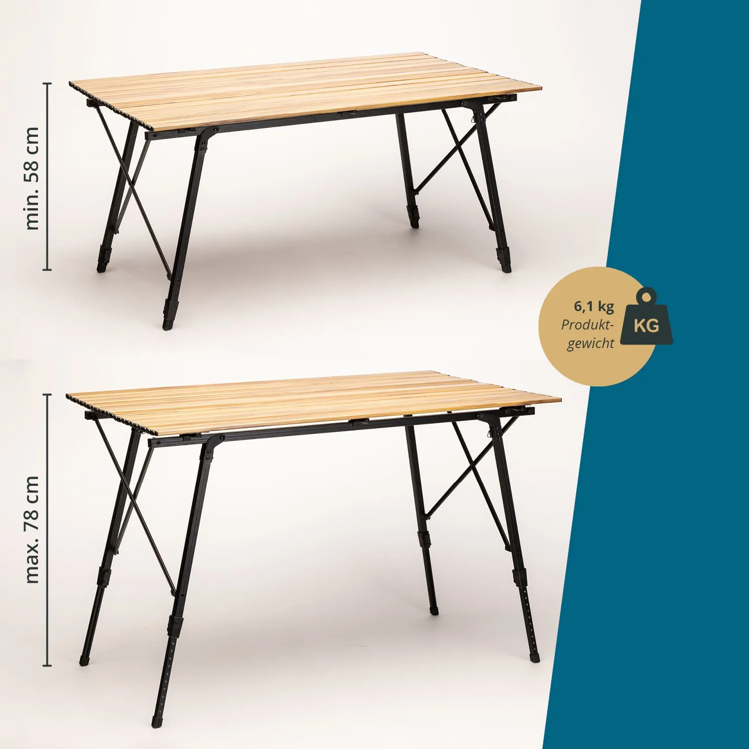 Klappbarer Tisch mit Holzplatte, einstellbarer Höhe von 58 cm bis 78 cm, Gewicht 6,1 kg. Hintergrund neutral.