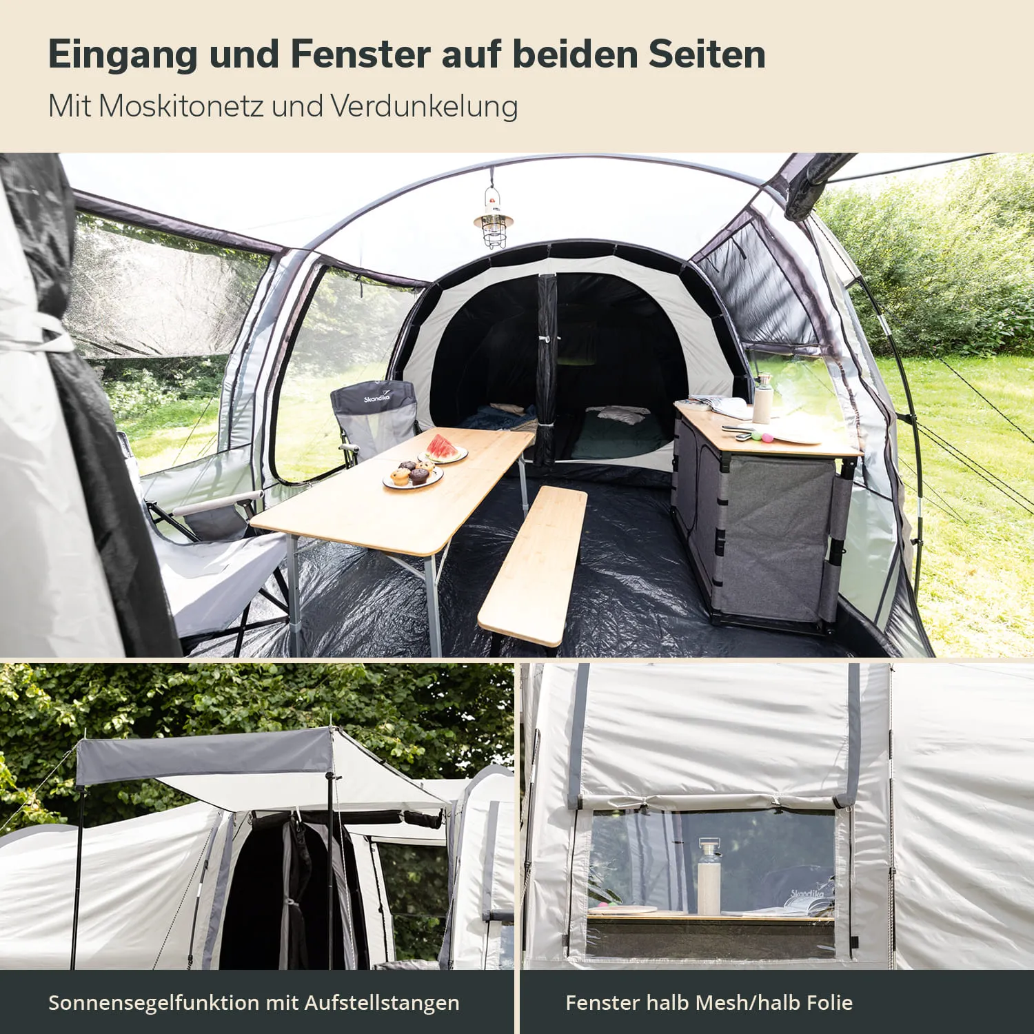 Zeltinneneinrichtung mit Tisch, Bänken und Campingstühlen. Fenster und Moskitonetz sichtbar. Draußen grünes Umfeld.
