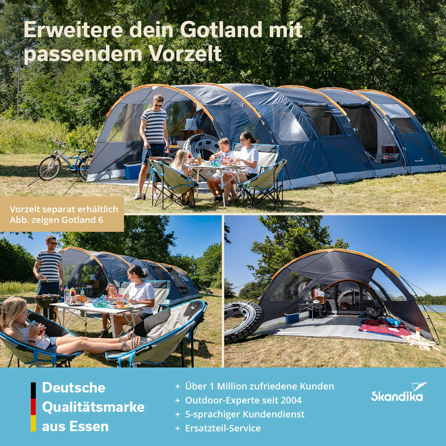 Großes Zelt in der Natur mit Vorzelt. Familie am Tisch mit Getränken und Essen. Sitzgelegenheiten und Fahrrad sichtbar.