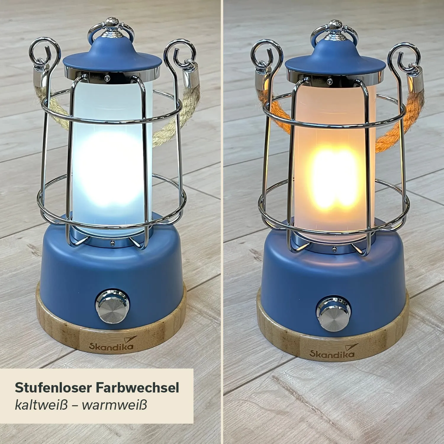 Eine dekorative Lampe in Form einer Laterne, mit einem blauen Fuß und einem weißen Lampenschirm, der in zwei Lichtfarben leuchtet.
