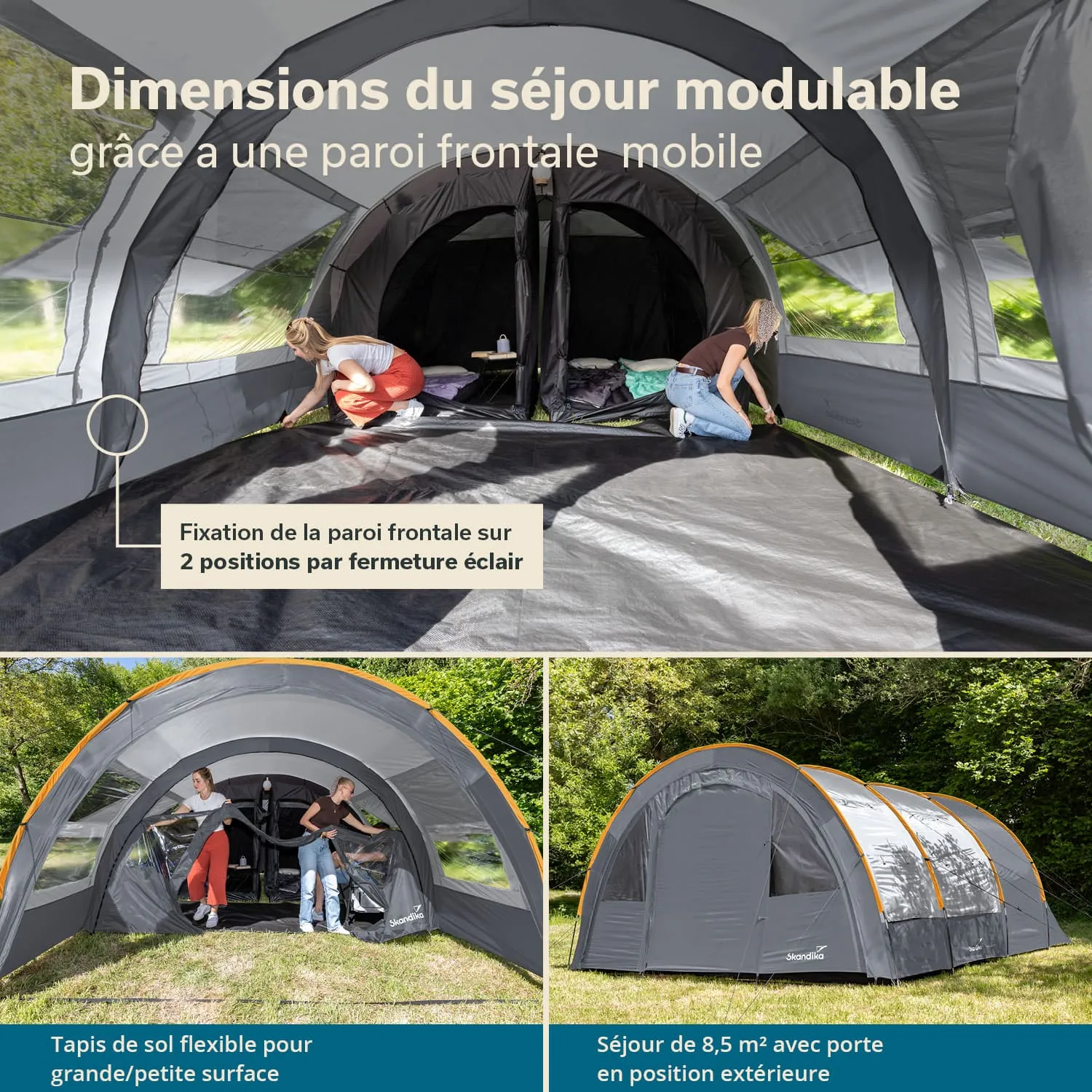 Zelt mit flexibler Bodenfläche und abnehmbarer Frontwand. Personen scheinen den Innenraum einzurichten. Naturkulisse im Hintergrund.
