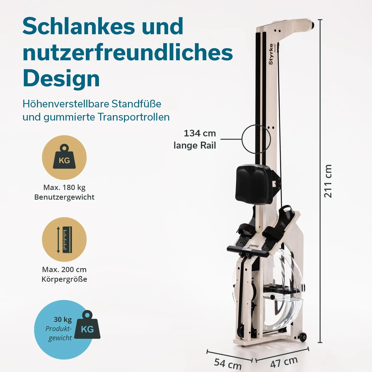 Holzfarbenes Fitnessgerät mit verstellbaren Füßen und Transportrollen. Maße: 211 cm hoch, 54 cm breit, 47 cm tief. Maximales Benutzergewicht 180 kg, Körpergröße 200 cm.