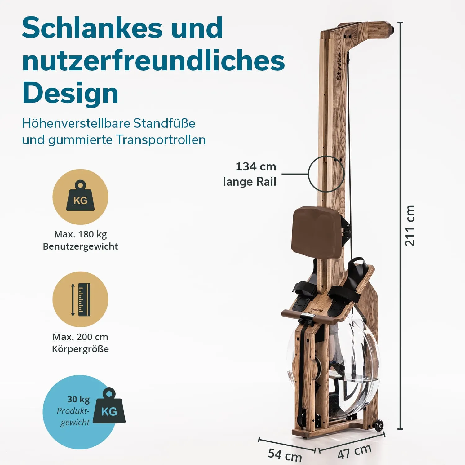 Rudermaschine mit Holzrahmen, transparentem Wasserbehälter und höhenverstellbaren Standfüßen. Maße und Gewicht angegeben.