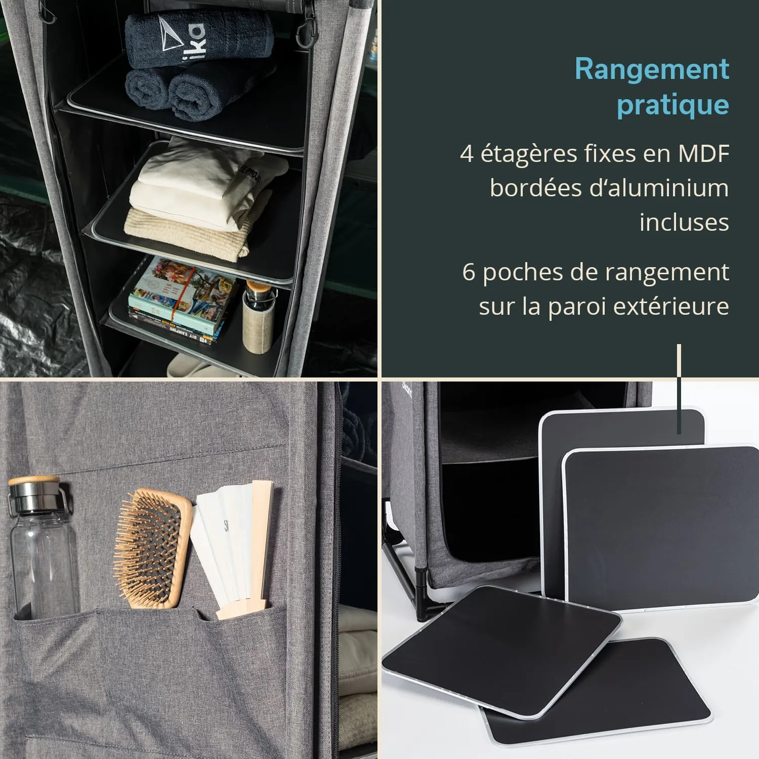 Schrank mit vier gestuften Ablagen und sechs äußeren Taschen. Enthält Handtücher, Kleidung, Bücher und Aufbewahrungsbehälter.