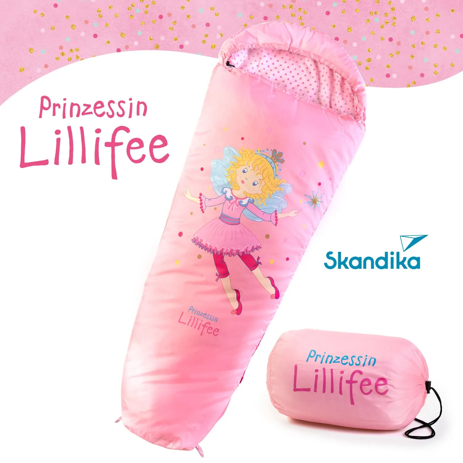 Schlafsack in Pink mit einem Motiv von einem Mädchen in einem rosa Kleid. Text: "Prinzessin Lillifee". Neben dem Schlafsack ein aufgerolltes Modell.