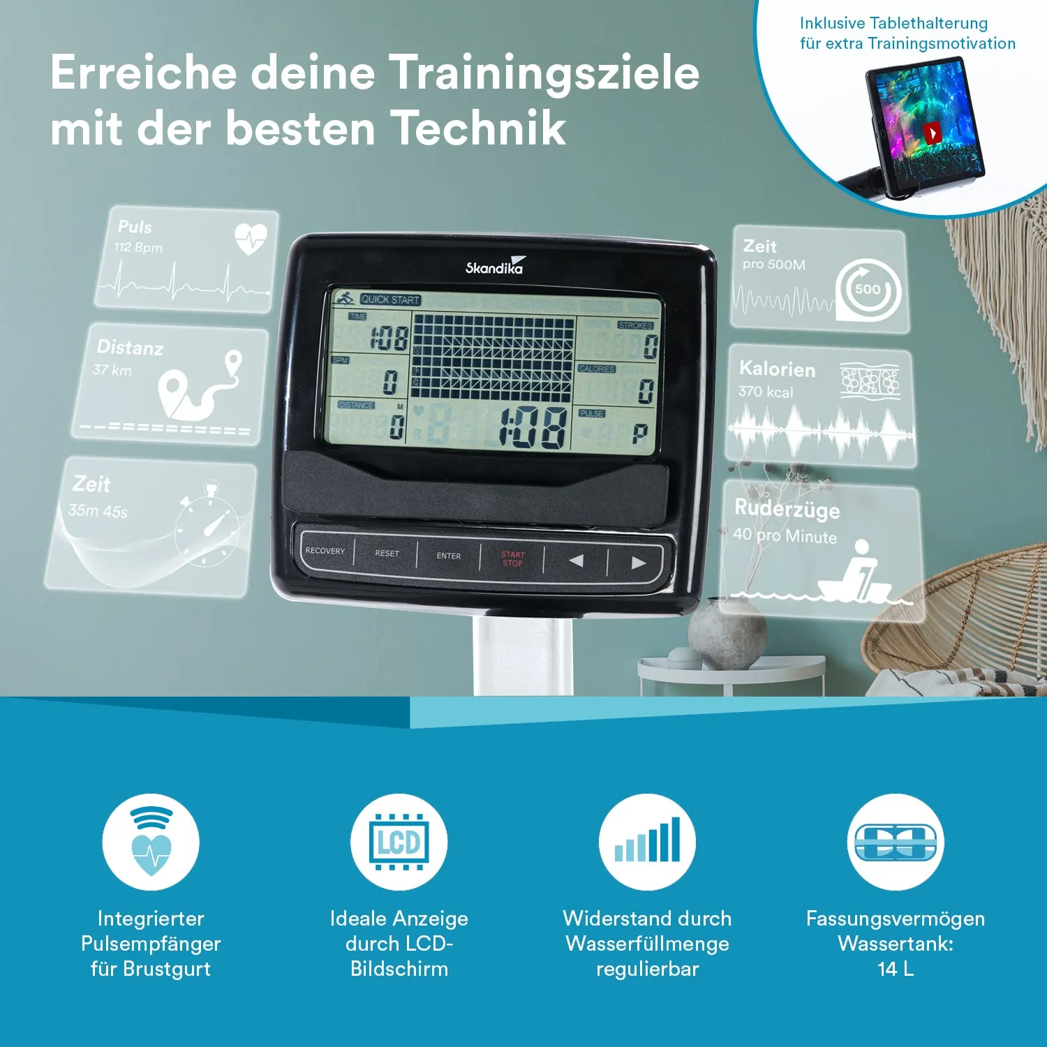 Display eines Rudergeräts mit LCD-Bildschirm. Informationen zu Puls, Distanz, Zeit, Kalorien und Ruderzügen sind sichtbar.