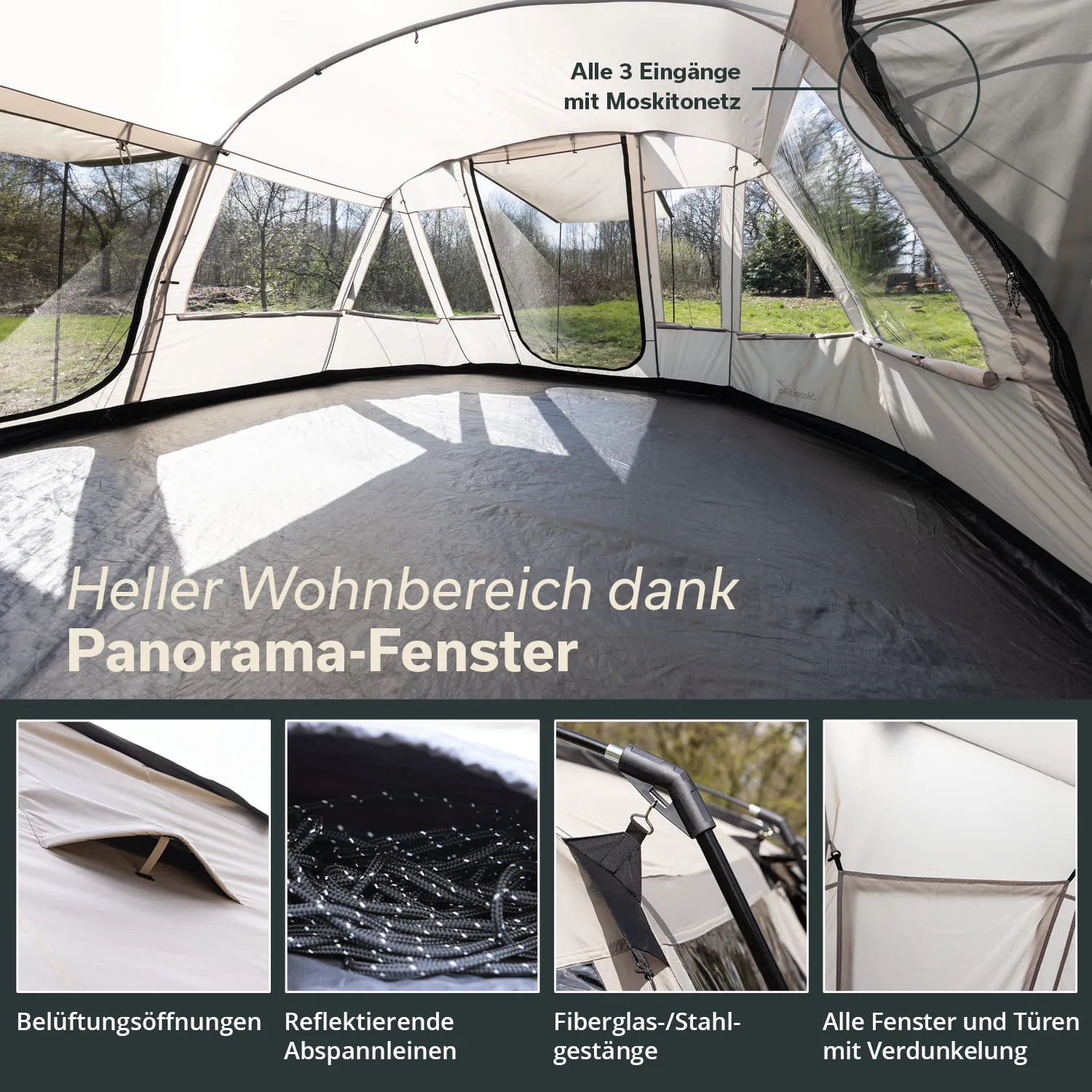 Zeltinneres mit hellen Wänden und Boden. Panorama-Fenster sichtbar, rund um Licht und Sicht. Zusätzliche Detailbilder zeigen Konstruktionselemente.