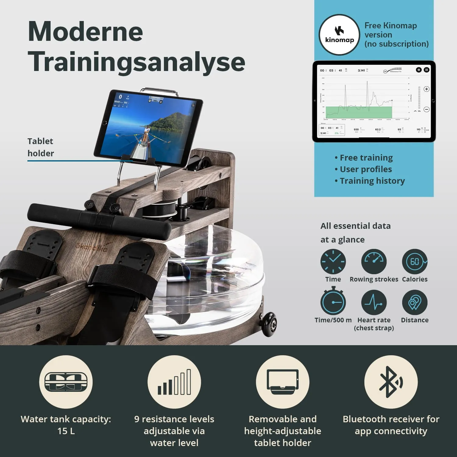 Holz-Rudergerät mit Wassertank, Tablet-Halter, Datenanzeige und Einstellmöglichkeiten für Widerstand.