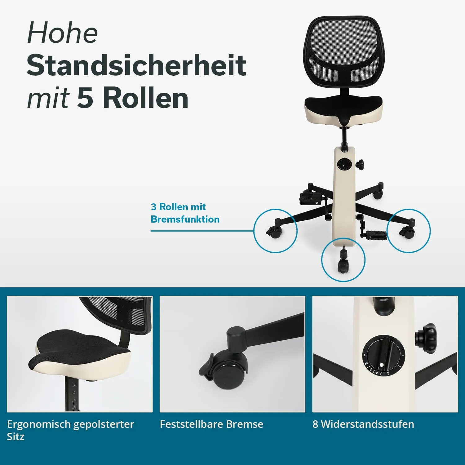 Schreibtischstuhl mit ergonomischem Sitz und Rückenteil. Fünf Rollen, davon drei mit Bremsfunktion. Zubehördetails abgebildet.