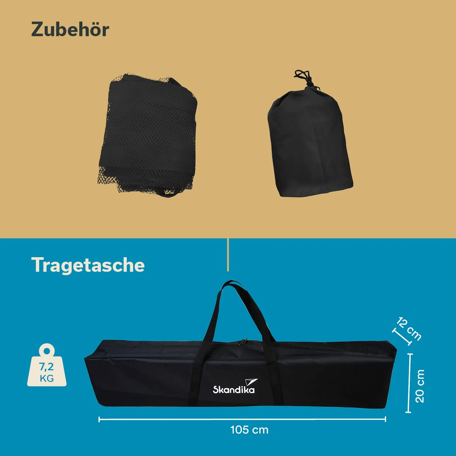 Schwarze Tragetasche mit zwei Griffen, verpackt in einer Netztasche und einer schwarzen Beuteltasche. Maße und Gewicht sind angegeben.