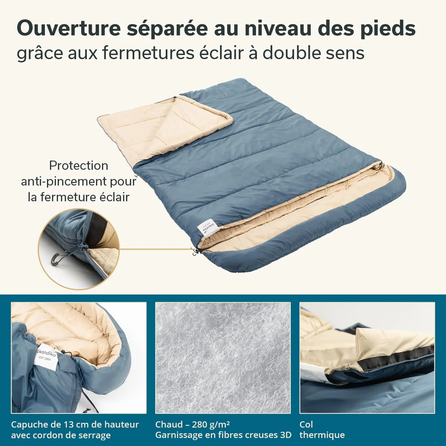 Doppelschicht-Schlafsack in Blau und Beige mit Reißverschluss, abnehmbarer Kapuze und isolierenden Eigenschaften.