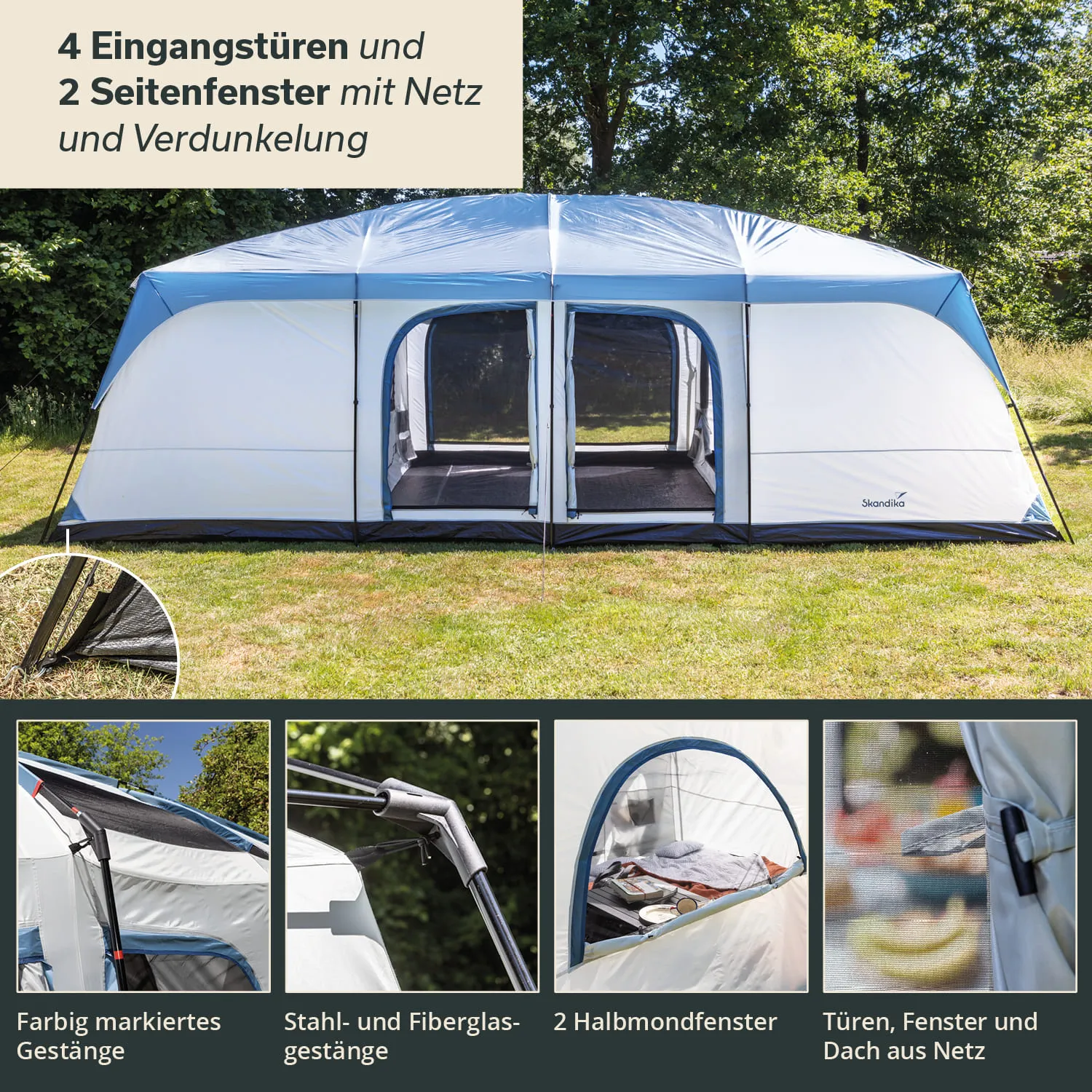 Zelt mit vier Eingängen, zwei Seitenfenstern, hellblauer Plane und Netzelementen, auf Grasplatz unter Bäumen.