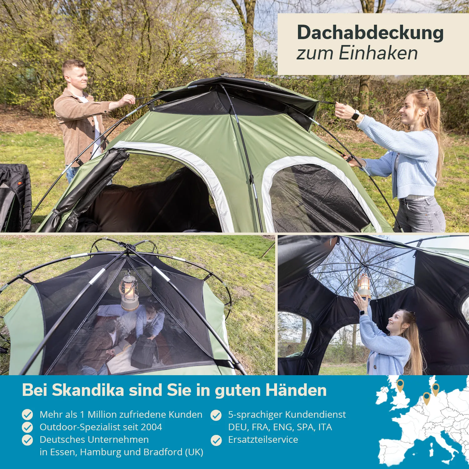 Zwei Personen befestigen eine Dachabdeckung an einem grünen Zelt im Freien. Bäume im Hintergrund. Innenansicht zeigt eine Lampe.