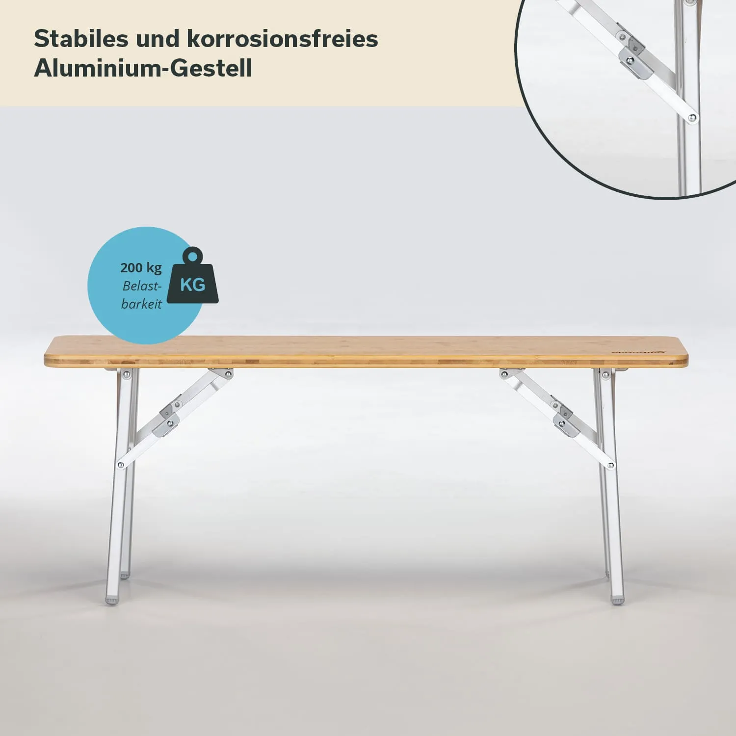 Aluminium-Gestell mit einer Holzfläche, stabil und leicht. In der Ecke ein Symbol mit 200 kg Belastbarkeit.